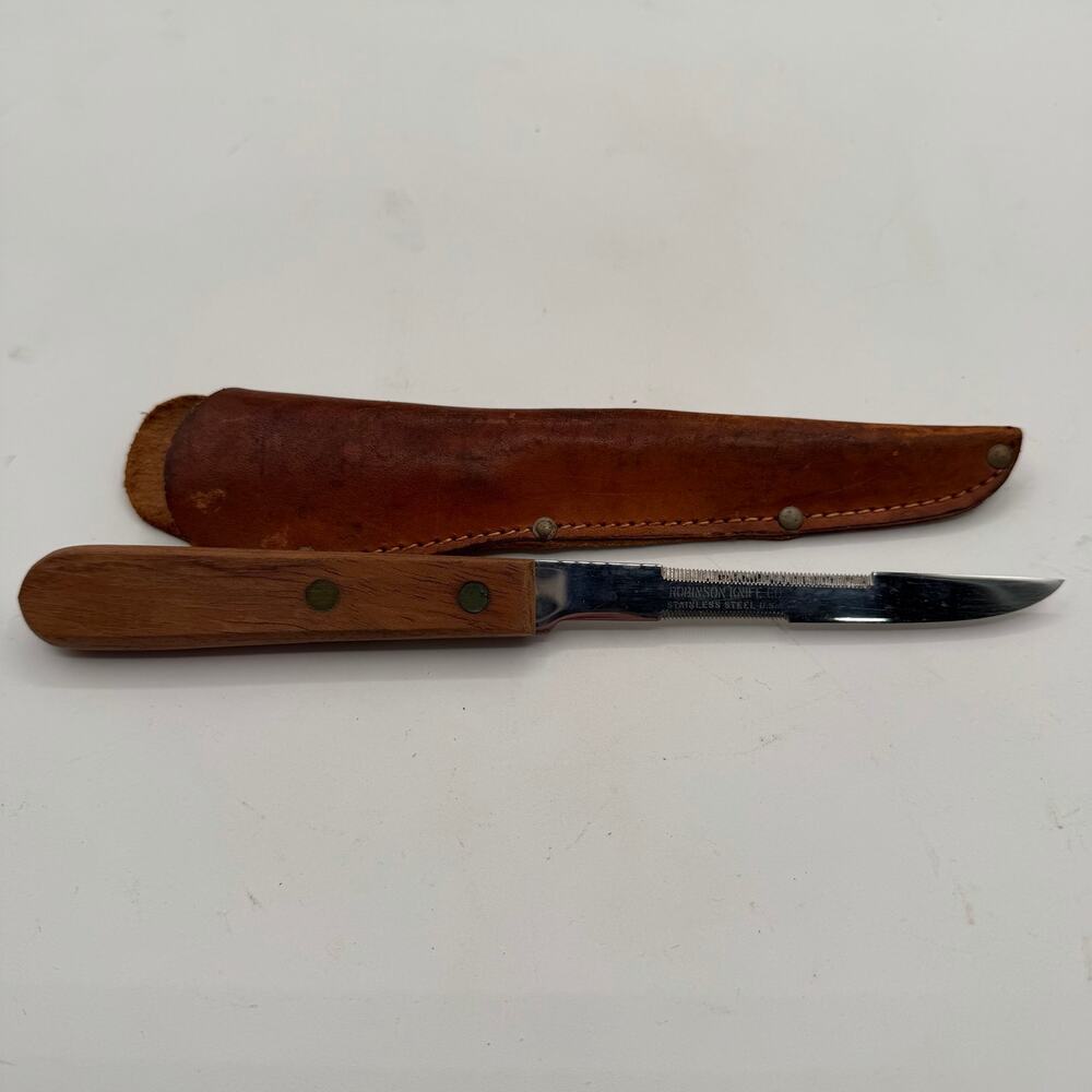 Vintage Robinson Knife Co. Stainless Steel Utility Knife with Leather Sheath